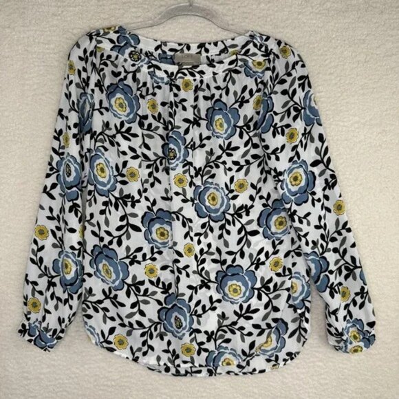 LOFT Outlet Blouse Womens XS Petite Blue Yellow Floral Long Sleeve Button Top - Picture 1 of 2